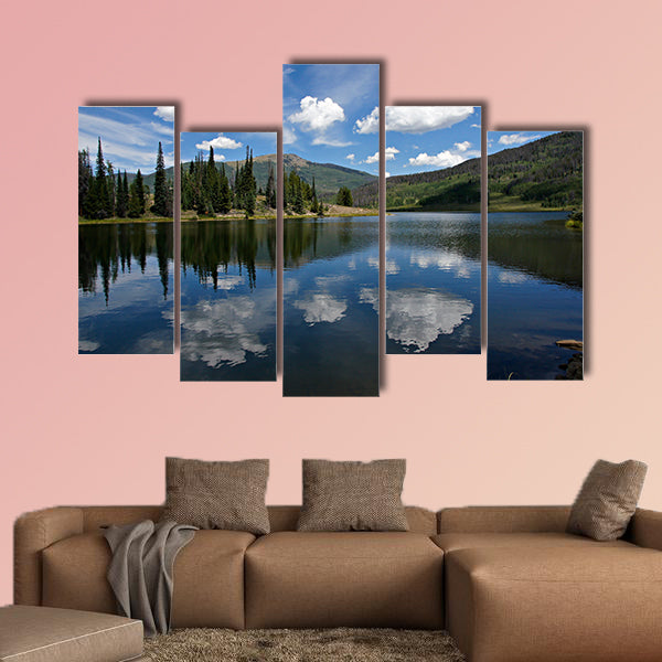 In this scene, afternoon clouds reflect from Pearl Lake multi panel canvas wall art