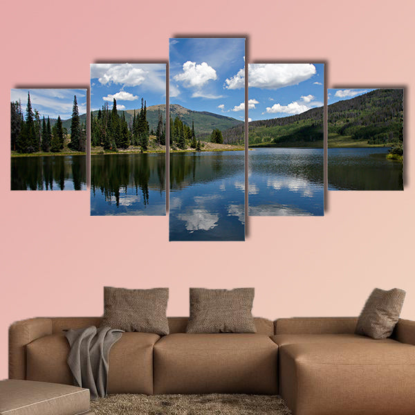 In this scene, afternoon clouds reflect from Pearl Lake multi panel canvas wall art