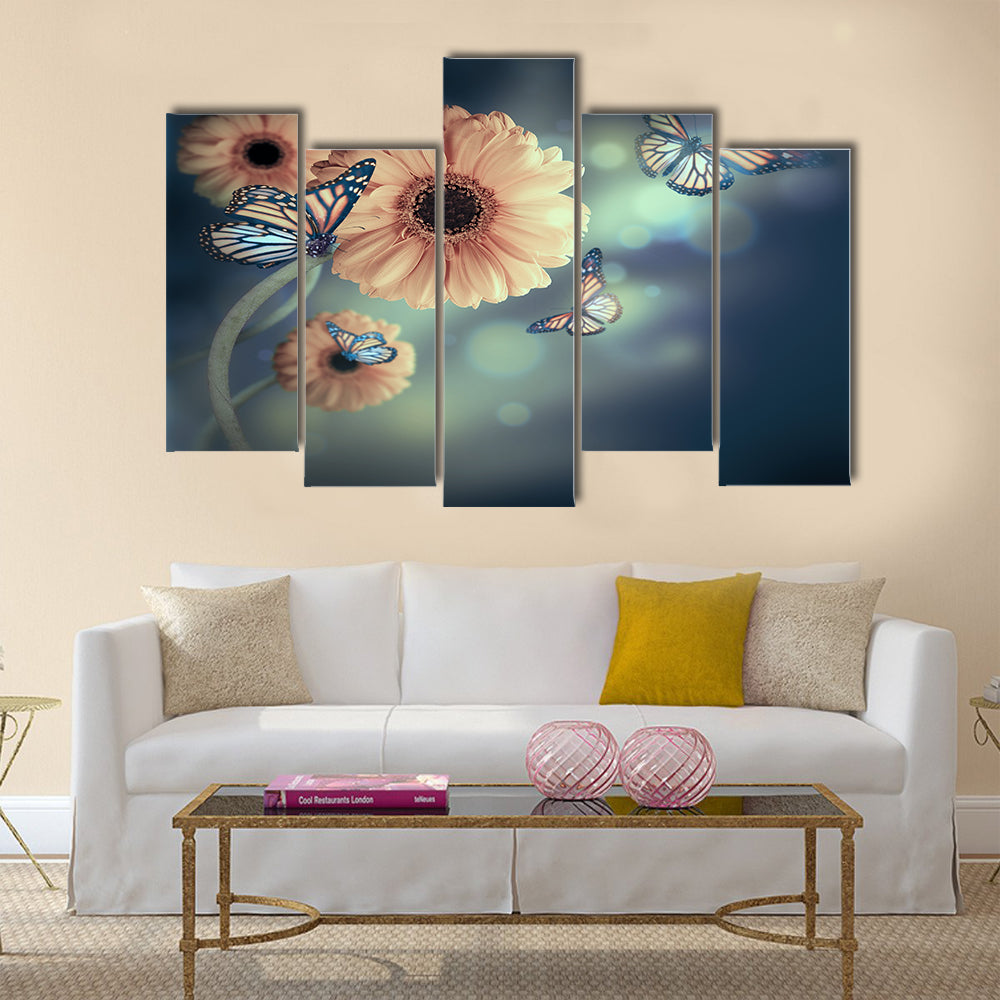 Floral background, gerbery in the rays of light and butterfly Multi Panel Canvas Wall Art