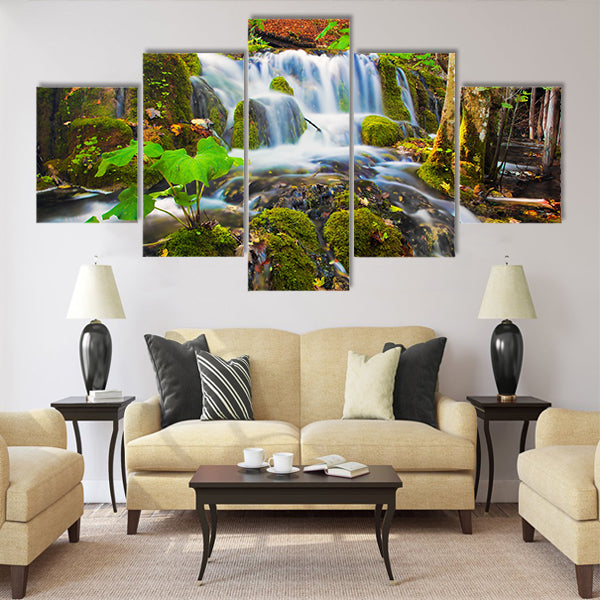 Waterfall in forest. Crystal clear water Multi Panel Canvas Wall Art