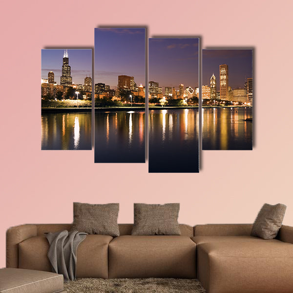Colorful Chicago sunset and Lake Michigan Multi panel canvas wall art