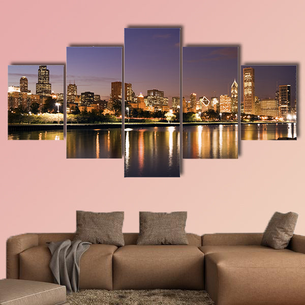 Colorful Chicago sunset and Lake Michigan Multi panel canvas wall art