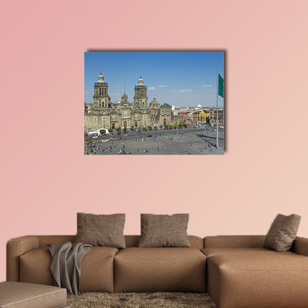 The zocalo in mexico city, with the cathedral and giant flag wall art