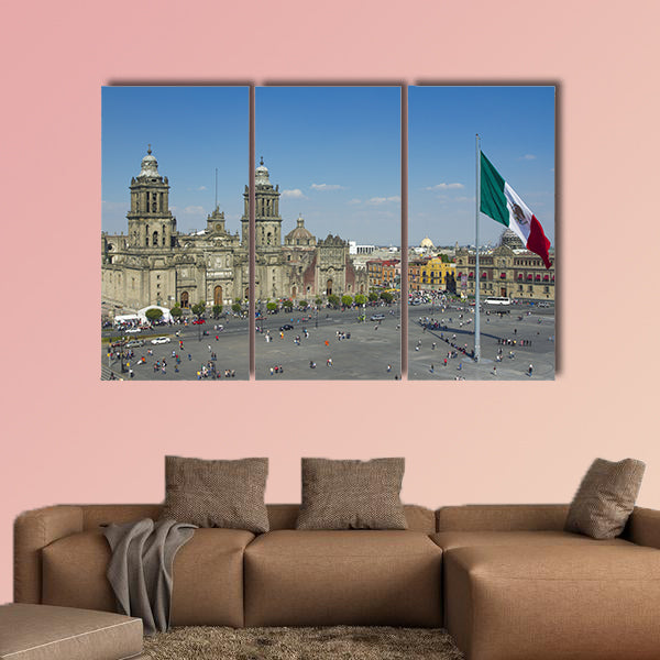 The zocalo in mexico city, with the cathedral and giant flag wall art