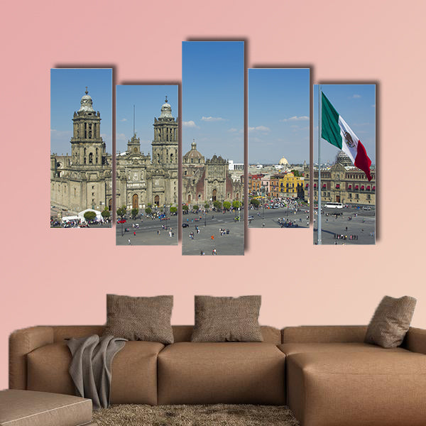 The Zalco in Mexico City with the cathedral and giant flag in the center multi panel canvas wall art