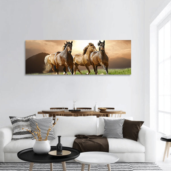 Horses in summer panoramic canvas wall art