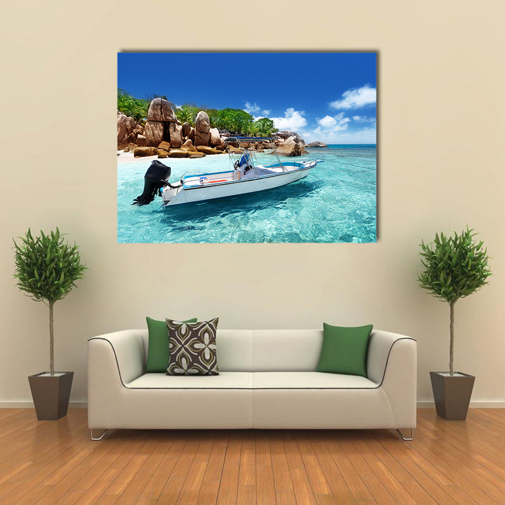 A Speedy Boat On The Beach Of The Coco Island, Seychelles Multi Panel Canvas Wall Art