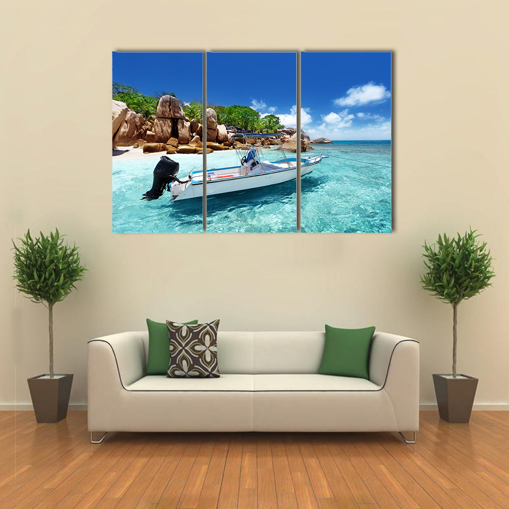 A Speedy Boat On The Beach Of The Coco Island, Seychelles Multi Panel Canvas Wall Art