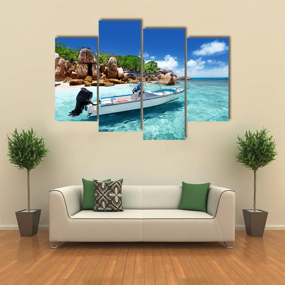 A Speedy Boat On The Beach Of The Coco Island, Seychelles Multi Panel Canvas Wall Art
