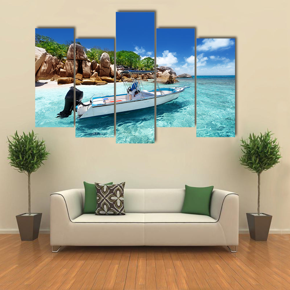 A Speedy Boat On The Beach Of The Coco Island, Seychelles Multi Panel Canvas Wall Art