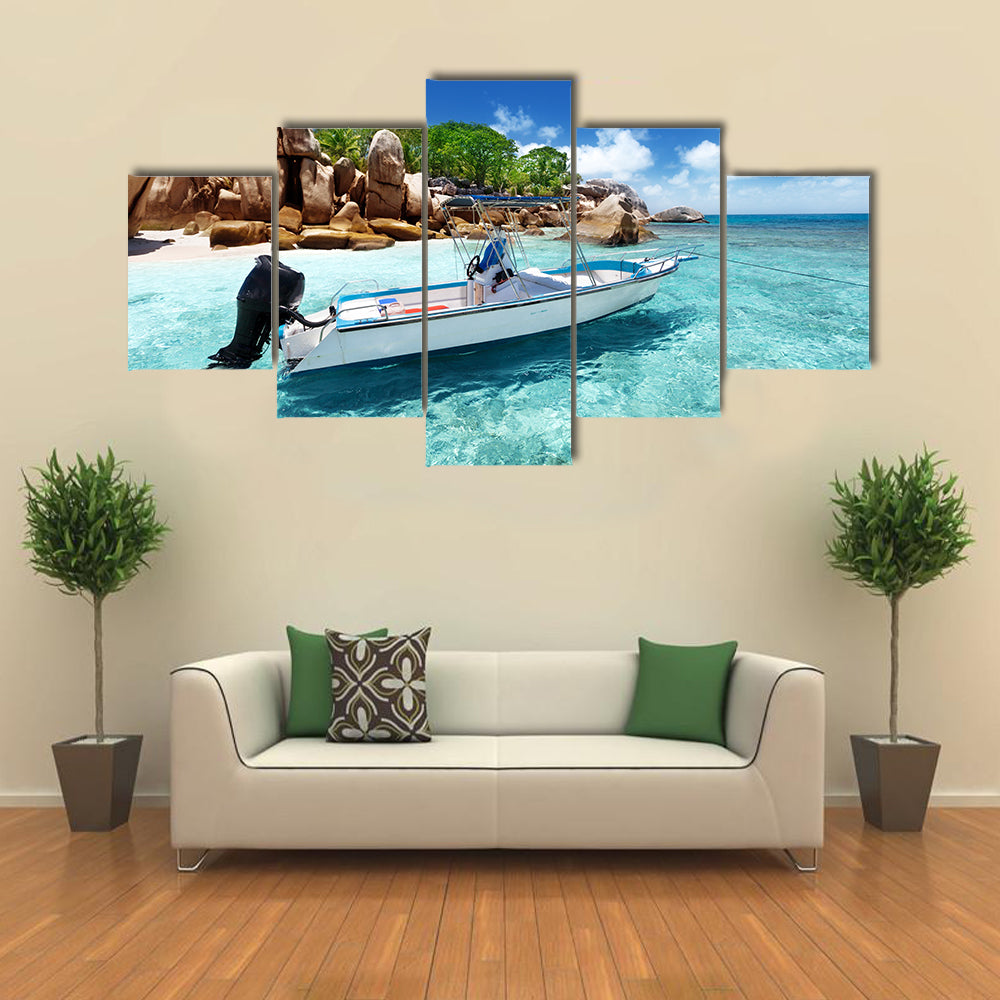 A Speedy Boat On The Beach Of The Coco Island, Seychelles Multi Panel Canvas Wall Art