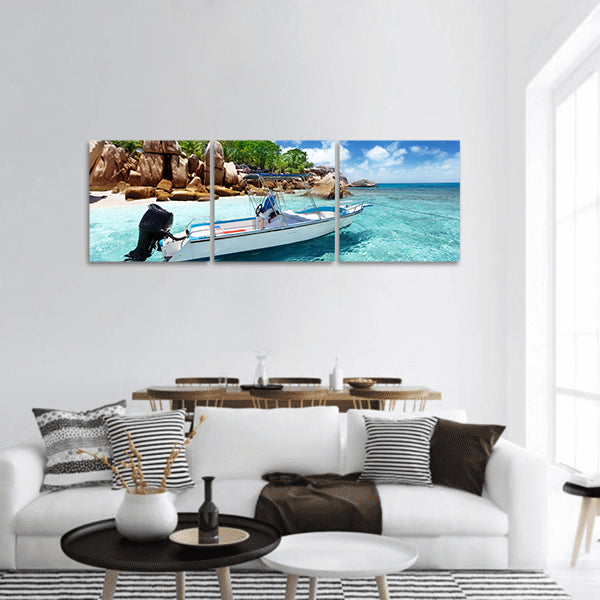 Speed boat on the beach of Coco Island, Seychelles panoramic canvas wall art