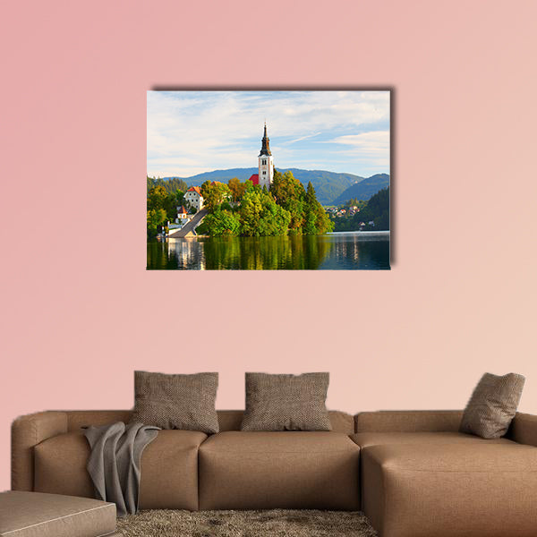 Catholic Church situated on an island on Bled Lake with mountains wall art
