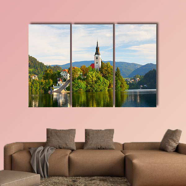 Catholic Church situated on an island on Bled Lake with mountains wall art