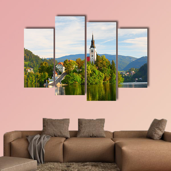 Catholic Church situated on an island on Bled Lake with mountains wall art