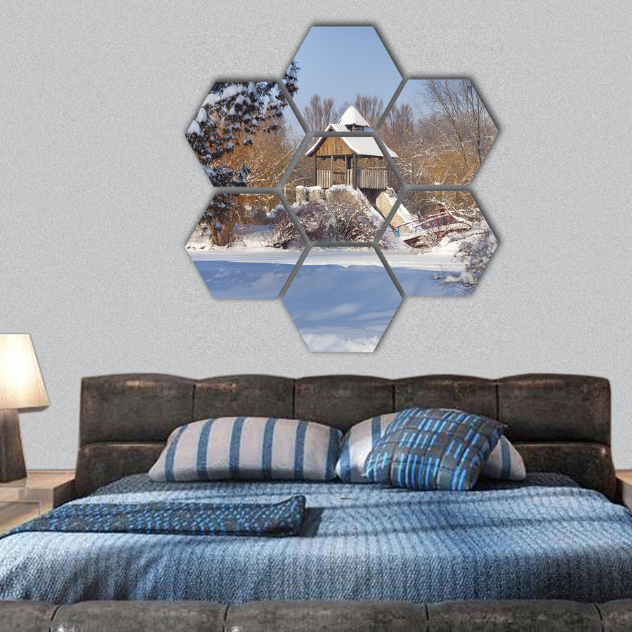 Snow-covered trees in the city park hexagonal canvas wall art