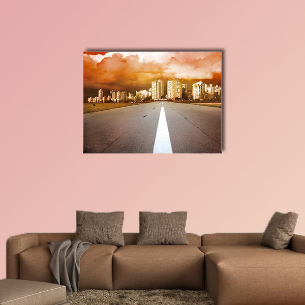 Empty highway- road heading to the city with dramatic dark stormy clouds Multi panel canvas wall art