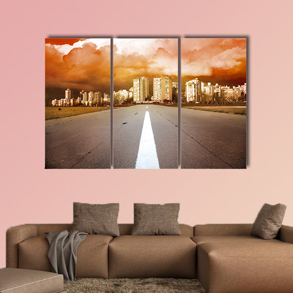 Empty highway- road heading to the city with dramatic dark stormy clouds Multi panel canvas wall art