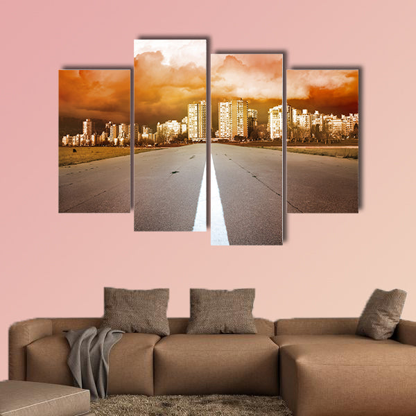 Empty highway- road heading to the city with dramatic dark stormy clouds Multi panel canvas wall art