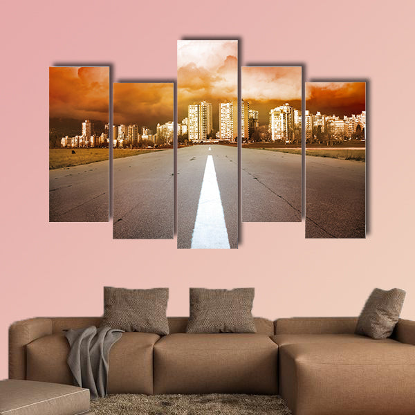 Empty highway- road heading to the city with dramatic dark stormy clouds Multi panel canvas wall art