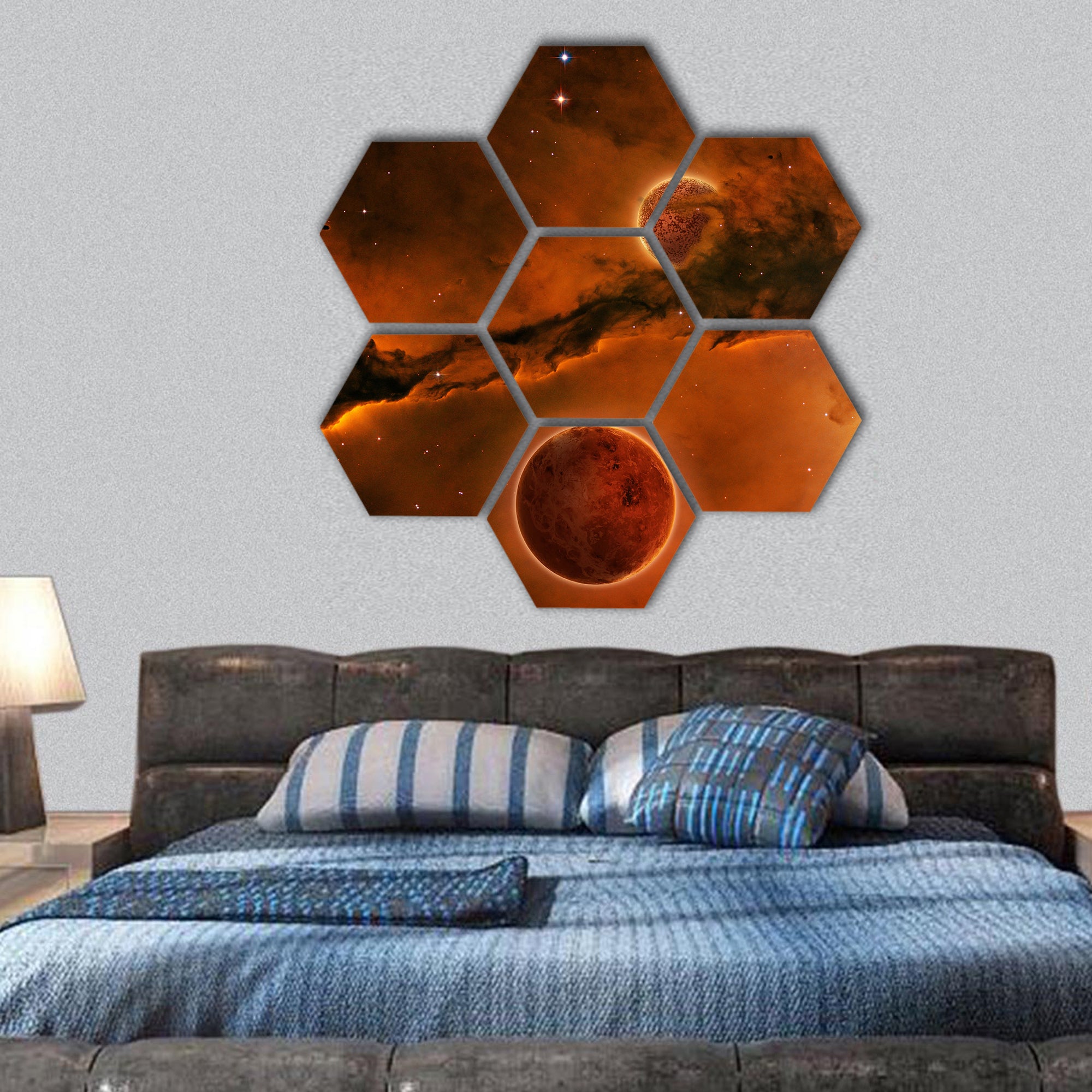 planet near a Nebula with new star formations hexagonal canvas wall art