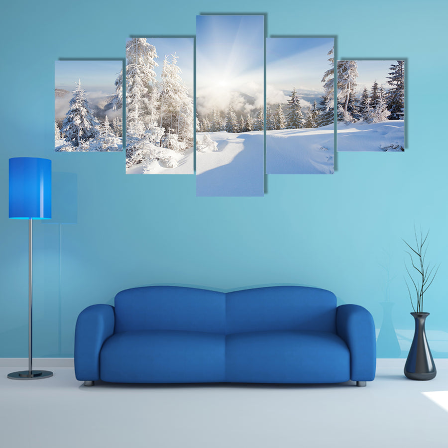 A Frosty And Sunny Day Is In Mountains Multi Panel Canvas Wall Art