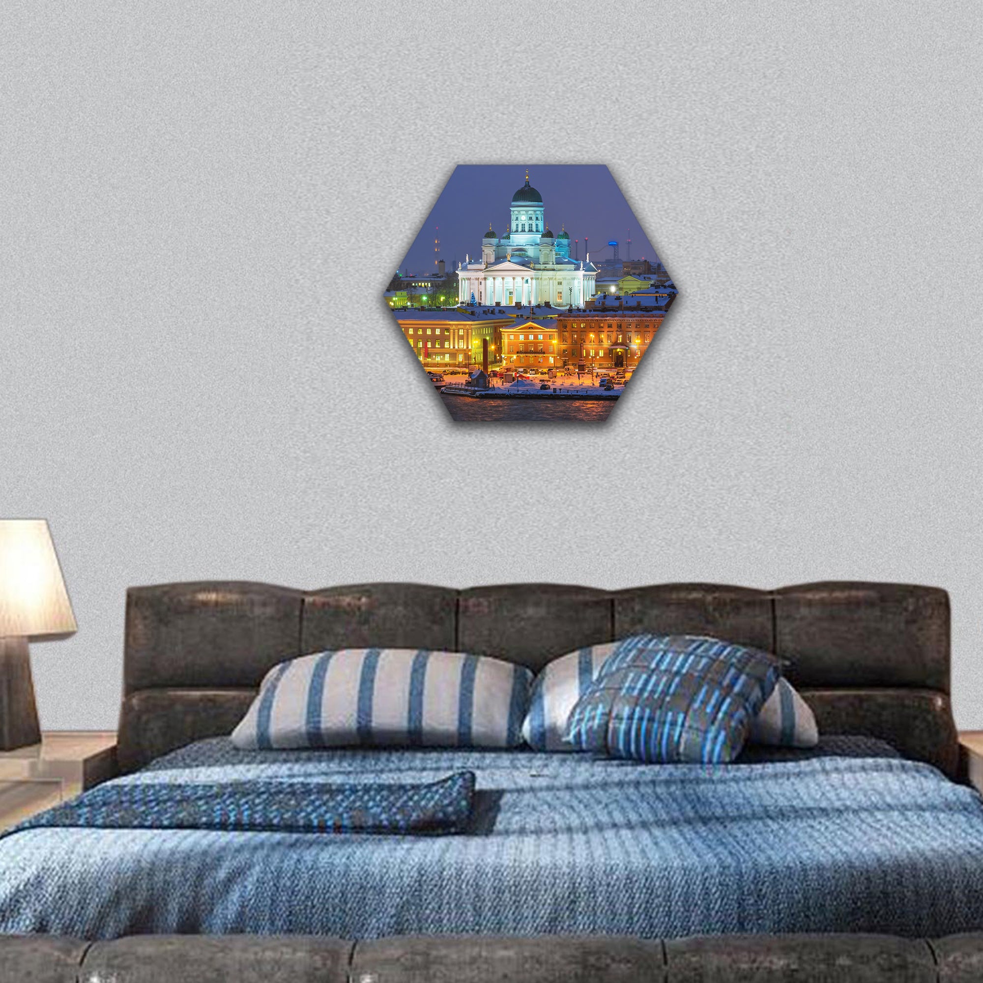 Winter night scenery of the Old Town in Helsinki, Finland hexagonal canvas wall art