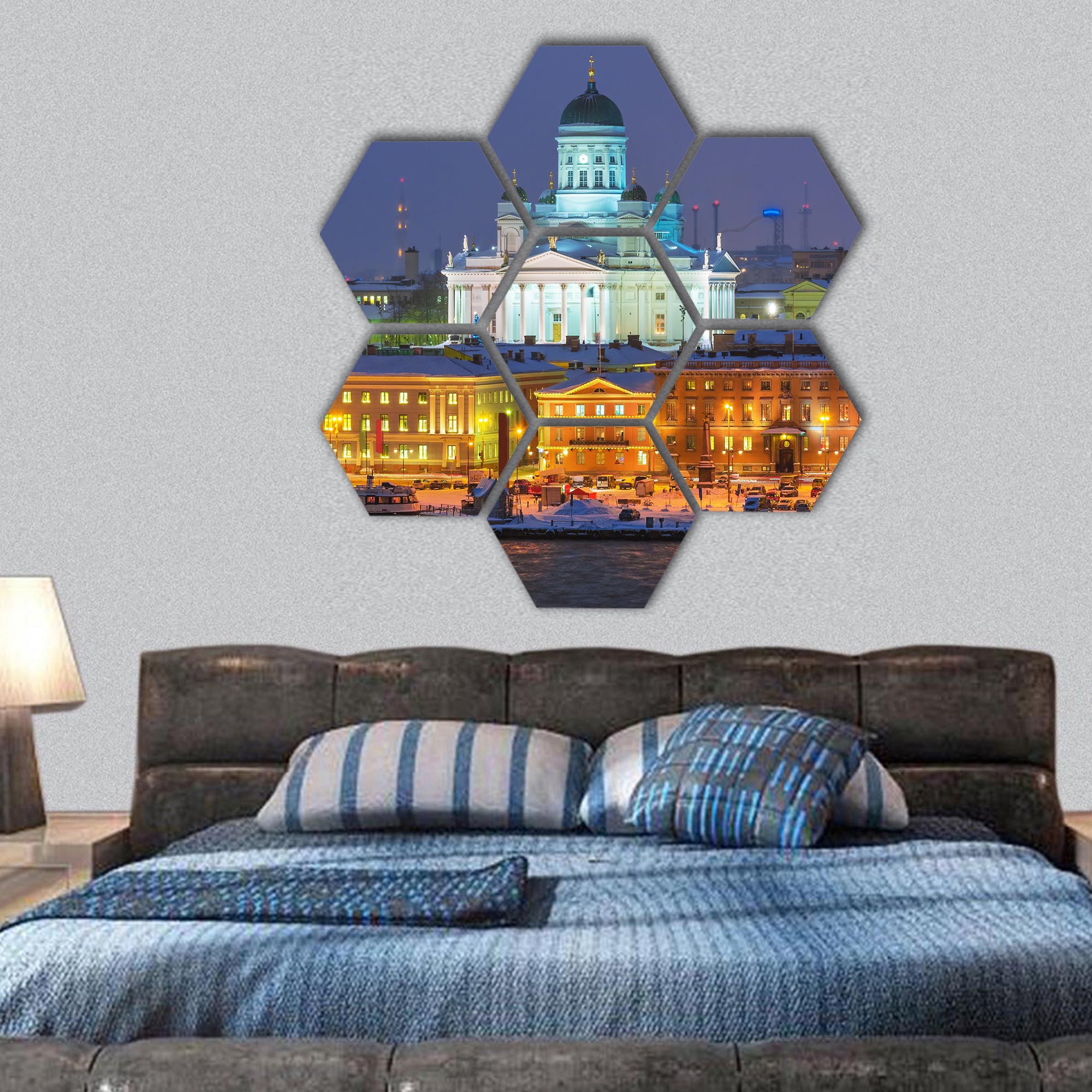 Winter night scenery of the Old Town in Helsinki, Finland hexagonal canvas wall art