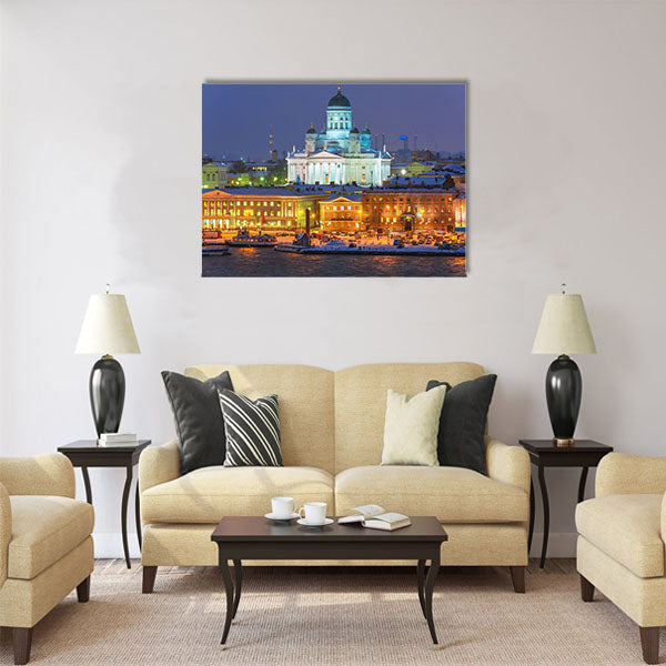 Winter night scenery of the Old Town in Helsinki Multi panel canvas wall art