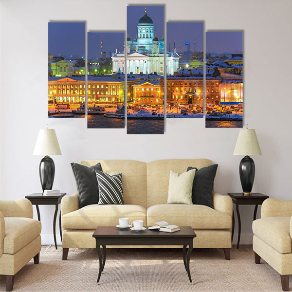 Winter night scenery of the Old Town in Helsinki Multi panel canvas wall art