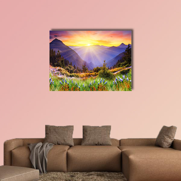 Majestic sunset in the mountains landscape multi panel canvas wall art