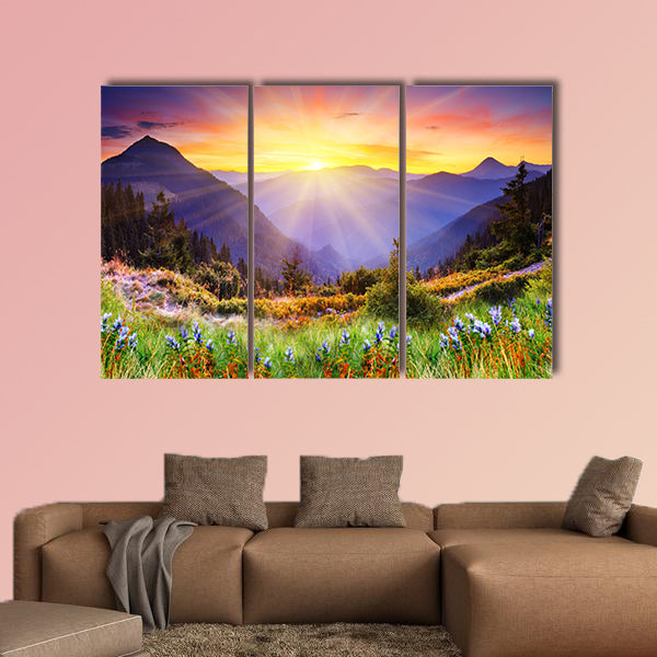 Majestic sunset in the mountains landscape multi panel canvas wall art