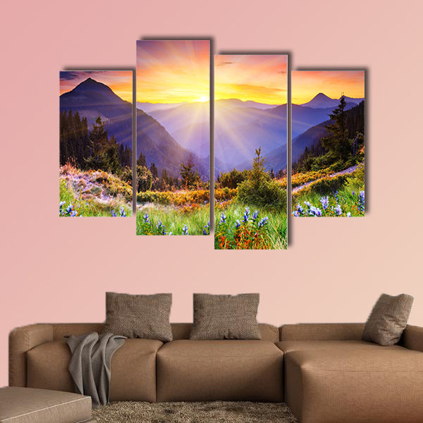 Majestic sunset in the mountains landscape multi panel canvas wall art