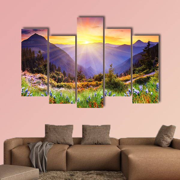 Majestic sunset in the mountains landscape multi panel canvas wall art
