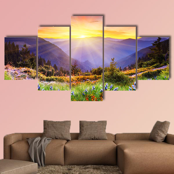 Majestic sunset in the mountains landscape multi panel canvas wall art