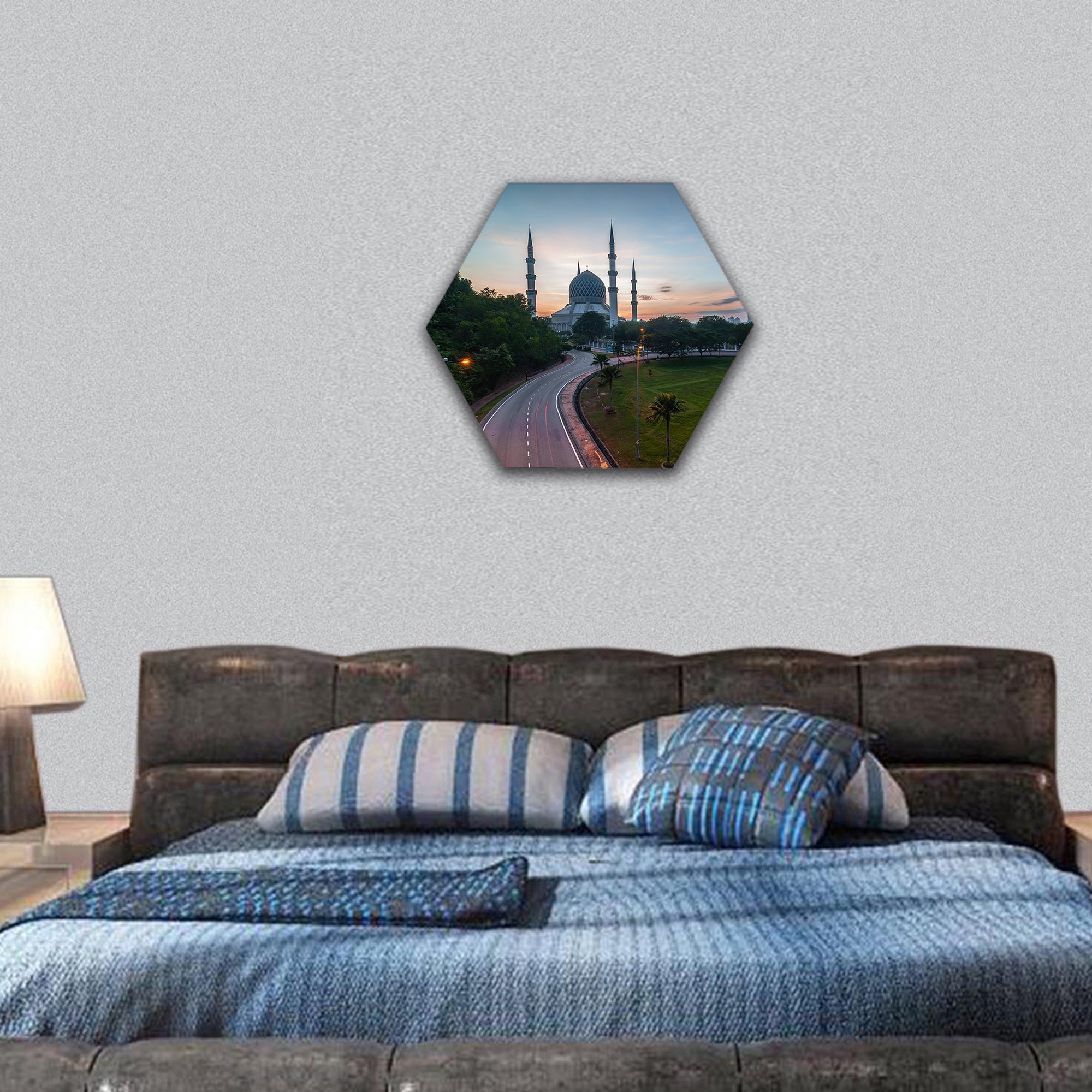 Sunrise-blue mosque Shah Alam hexagonal canvas wall art