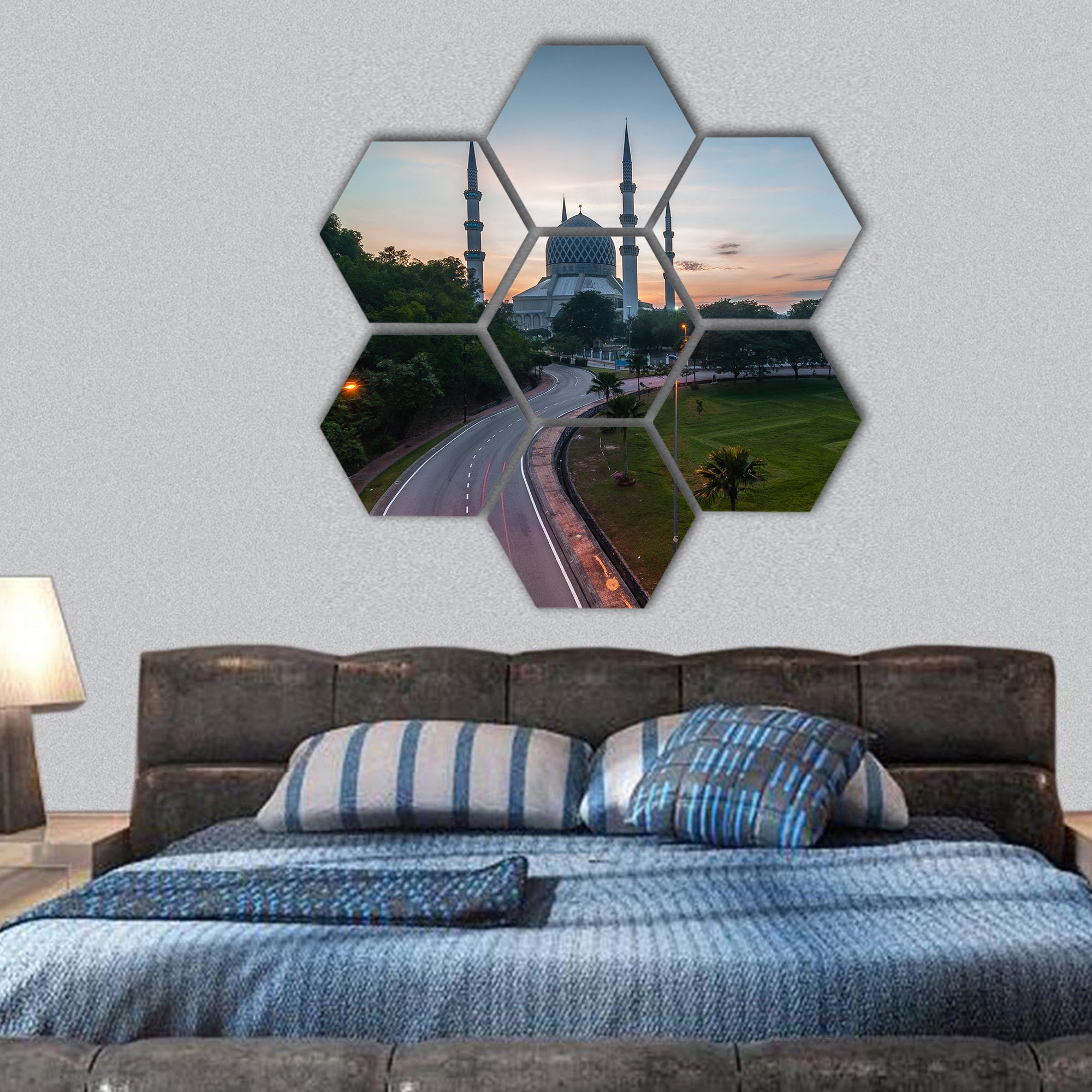 Sunrise-blue mosque Shah Alam hexagonal canvas wall art