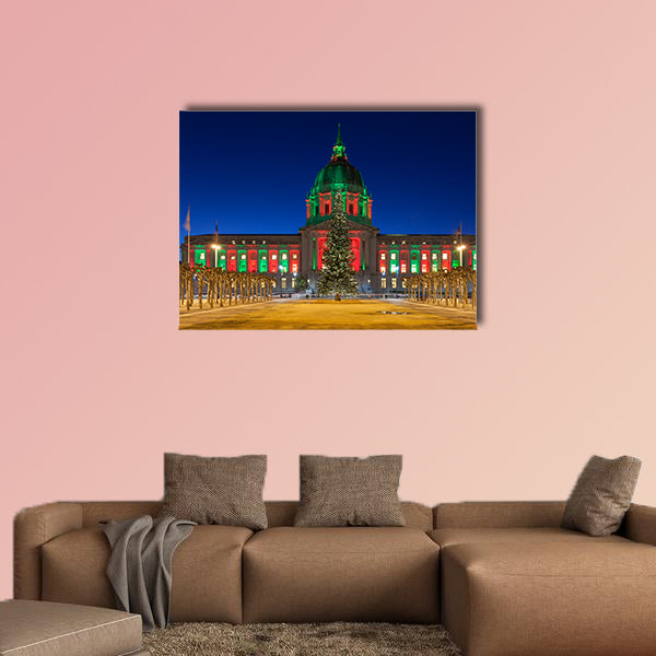 San Francisco City Hall in red and green light around Christmas wall art