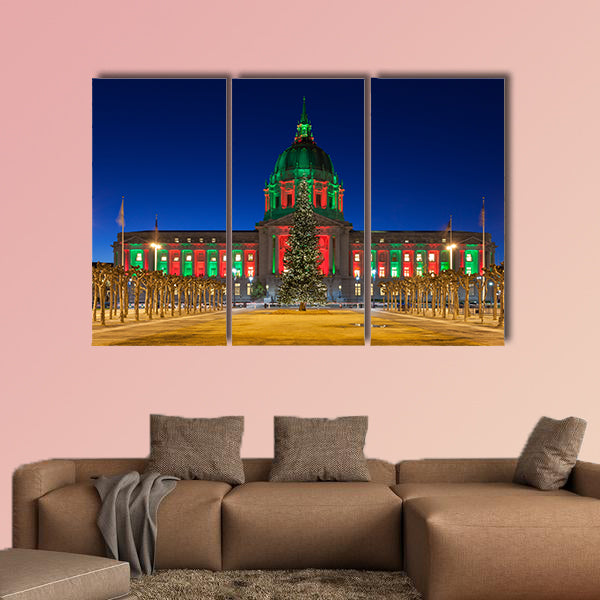 San Francisco City Hall in red and green light around Christmas wall art