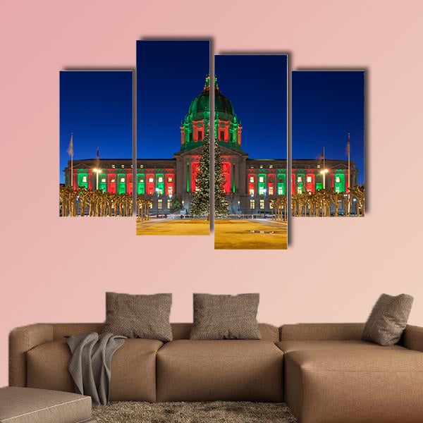 San Francisco City Hall in red and green light around Christmas wall art