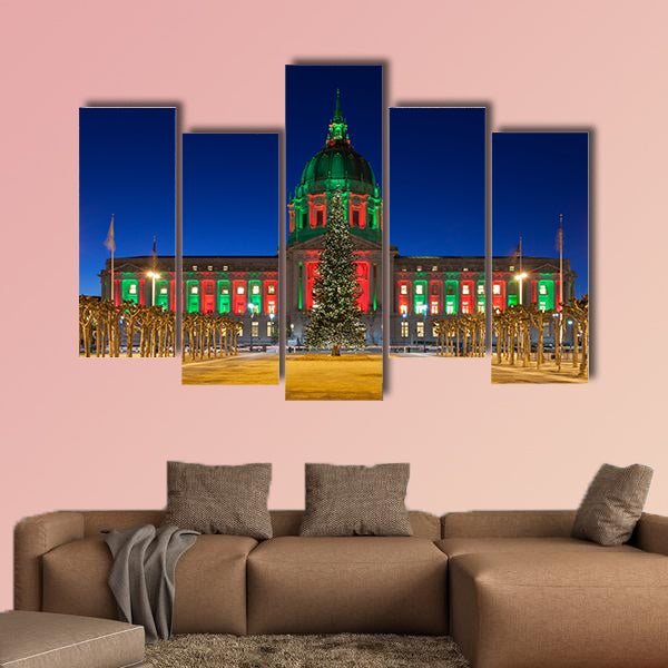 San Francisco City Hall in red and green light around Christmas wall art