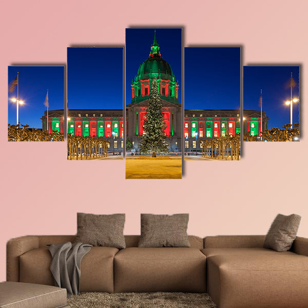 San Francisco City Hall in red and green light around Christmas wall art