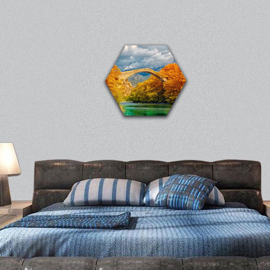 Overcast landscape of Konitsa bridge and Aoos River hexagonal canvas wall art
