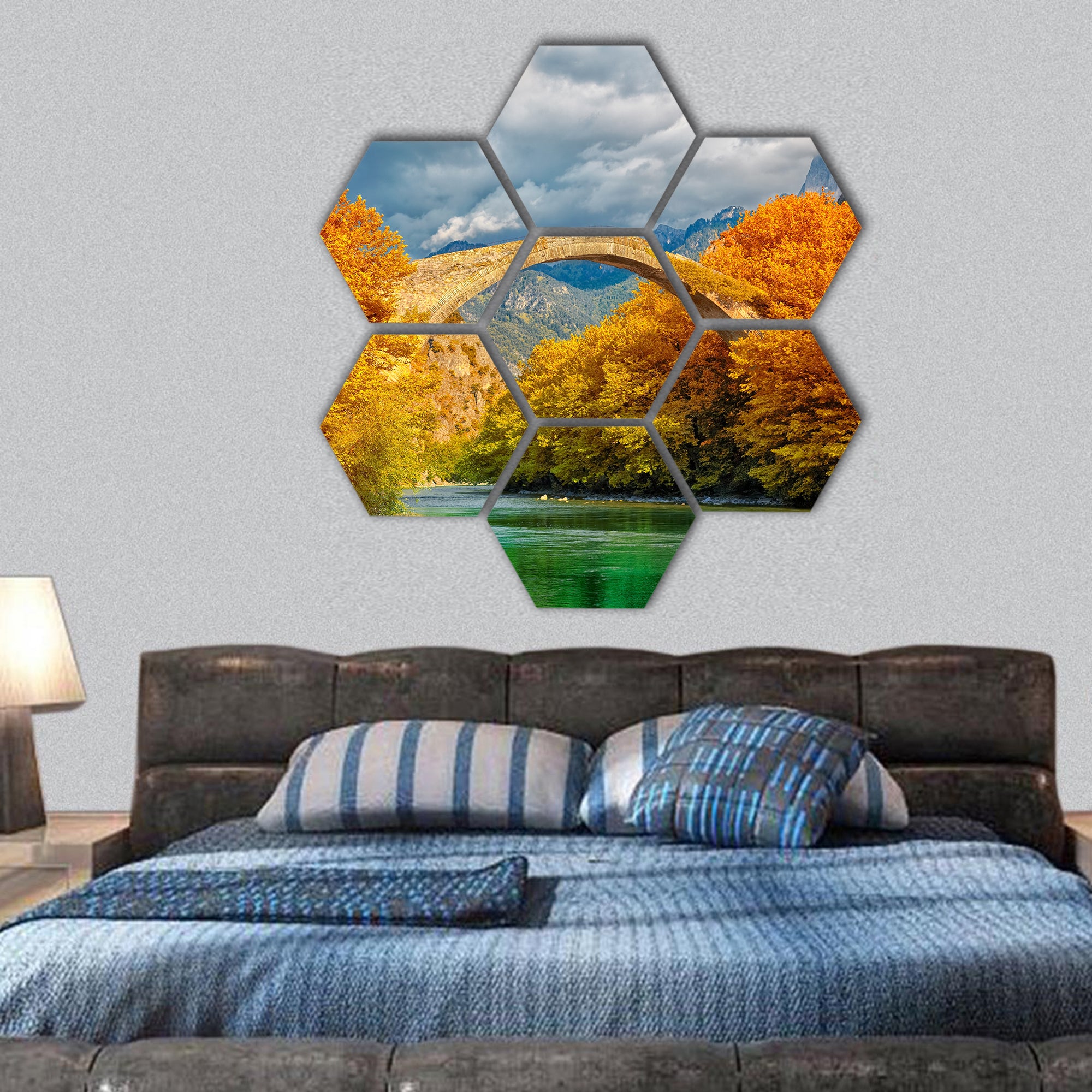 Overcast landscape of Konitsa bridge and Aoos River hexagonal canvas wall art