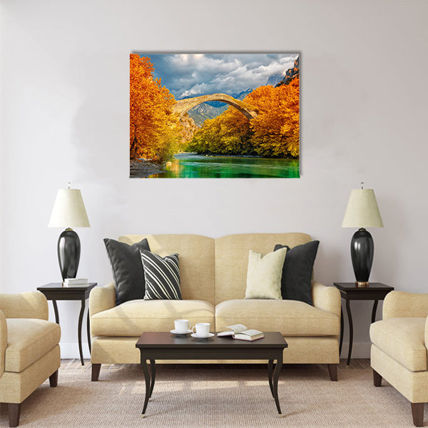 Overcast landscape of Konitsa bridge and Aoos River Multi Panel Canvas Wall Art