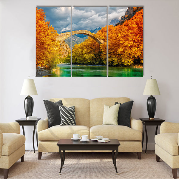 Overcast landscape of Konitsa bridge and Aoos River Multi Panel Canvas Wall Art