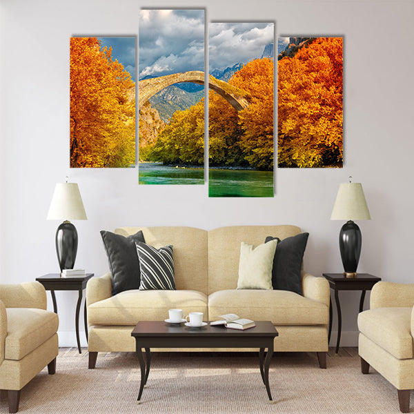 Overcast landscape of Konitsa bridge and Aoos River Multi Panel Canvas Wall Art