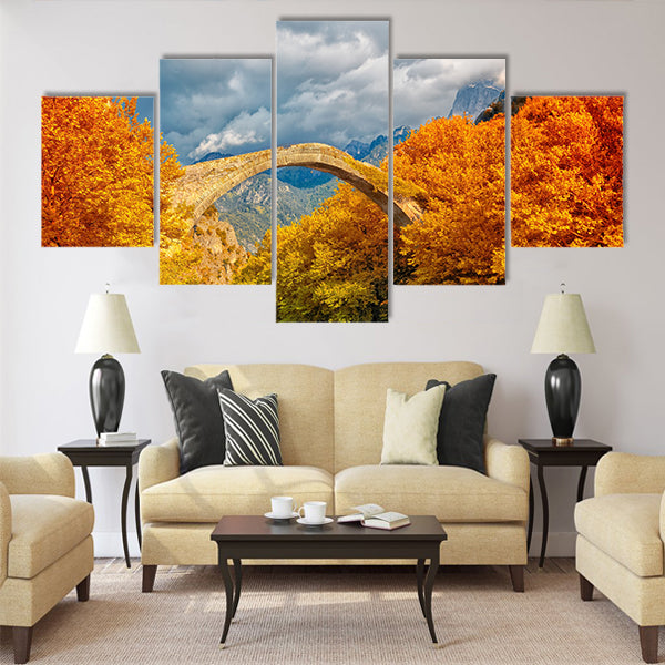 Overcast landscape of Konitsa bridge and Aoos River Multi Panel Canvas Wall Art