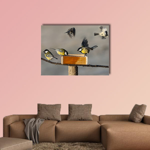 Titmouse birds eating seed from bird feeder multi panel canvas wall art