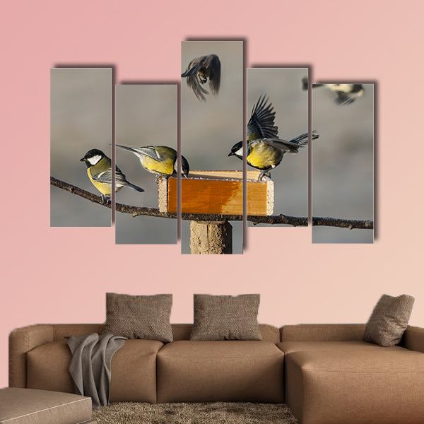 Titmouse birds eating seed from bird feeder multi panel canvas wall art